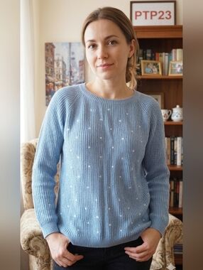ELLE Light Blue Crewneck Knit Sweater with Dot Large